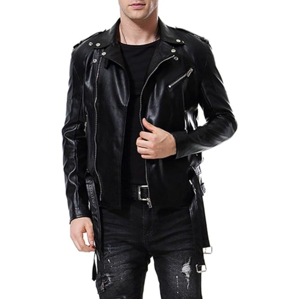 Men's Motorcycle Faux Cowhide Jacket Zip Slim Fit Double Belt Punk Biker Jacket - Description