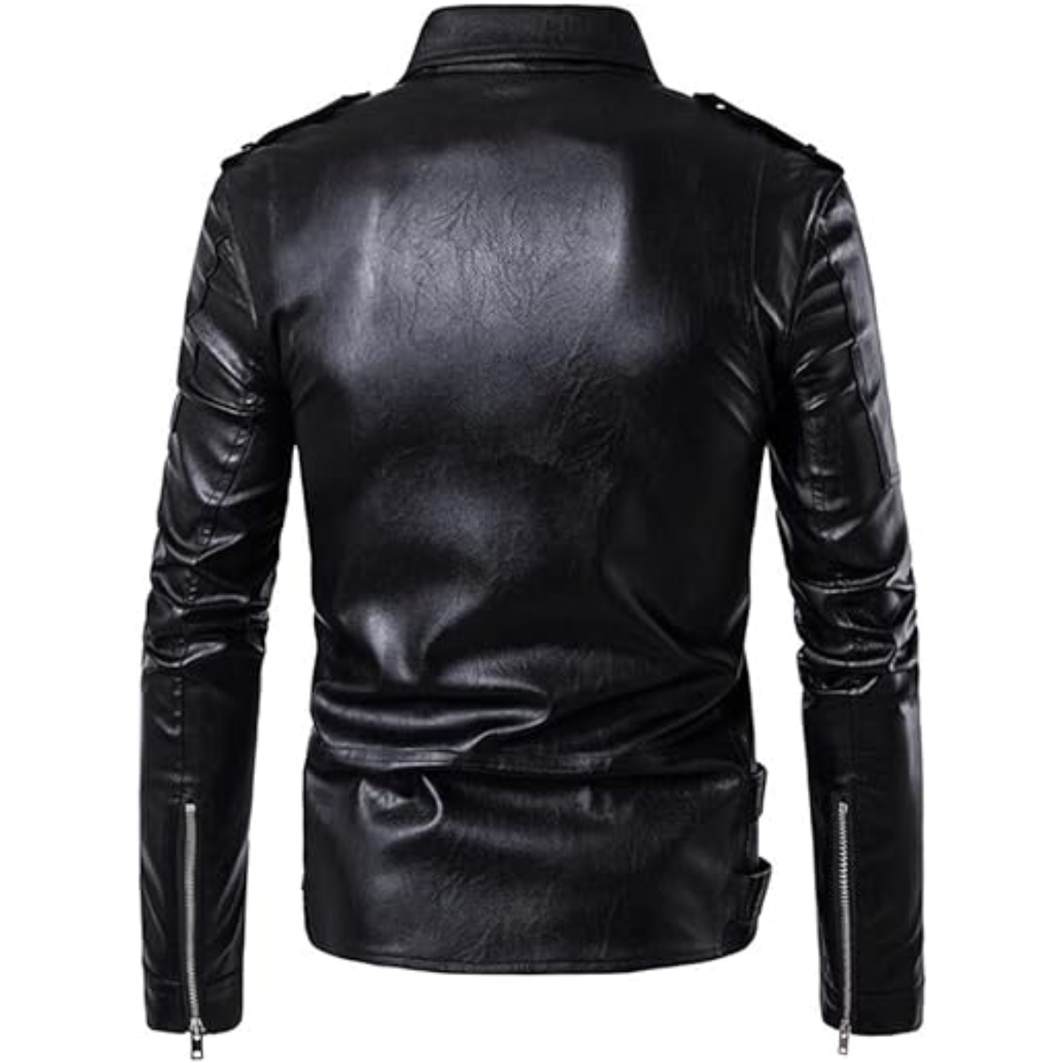 Men's Motorcycle Faux Cowhide Jacket Zip Slim Fit Double Belt Punk Biker Jacket - Description - Image 2