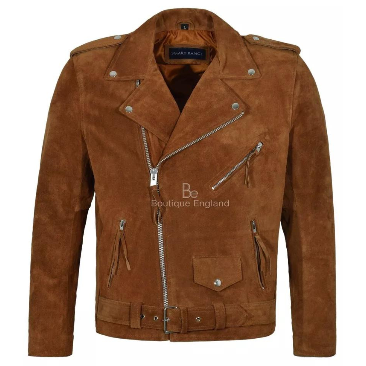 Men's Motorcycle Slim Fit Tan Brown Suede Faux Cowhide Jacket - Image 3