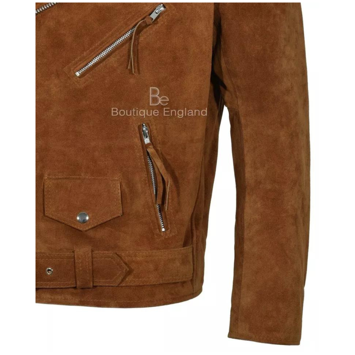 Men's Motorcycle Slim Fit Tan Brown Suede Faux Cowhide Jacket - Image 4