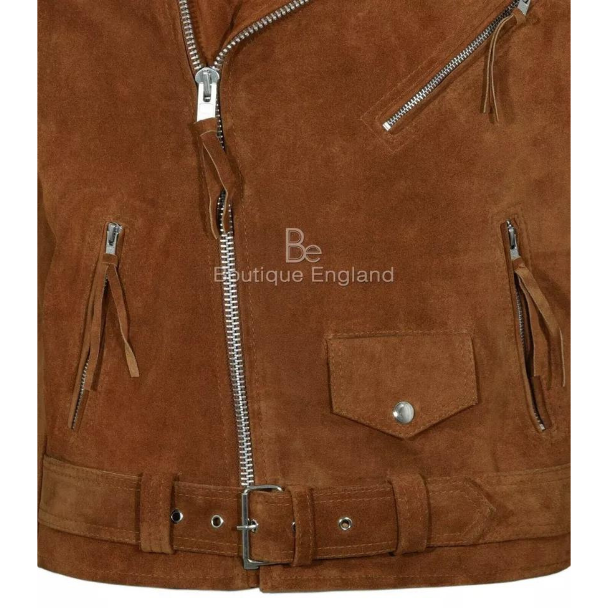 Men's Motorcycle Slim Fit Tan Brown Suede Faux Cowhide Jacket - Image 6