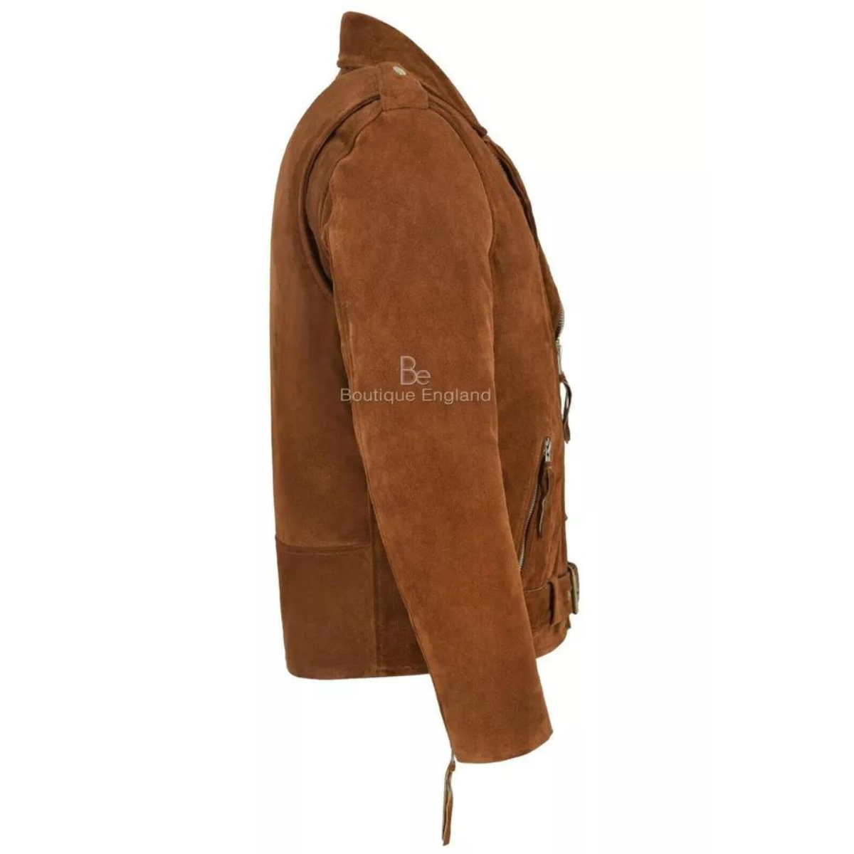 Men's Motorcycle Slim Fit Tan Brown Suede Faux Cowhide Jacket - Image 7