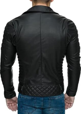 Men's Motorcycle Quilted Black Sheepskin Biker Cowhide Jacket | Men Custom Made Dimond Classic Biker Genuine Cowhide - Image 3
