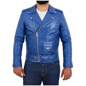 Men's Stylish real Cowhide Jacket Motorcycle Biker Slim Fit Blue Belted Coat