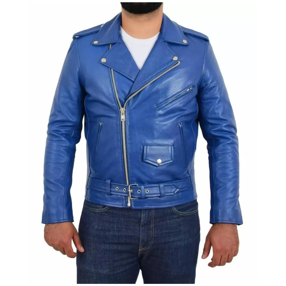 Men's Stylish real Cowhide Jacket Motorcycle Biker Slim Fit Blue Belted Coat - Image 2