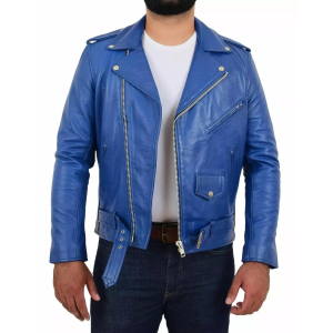 Men's Stylish real Cowhide Jacket Motorcycle Biker Slim Fit Blue Belted Coat