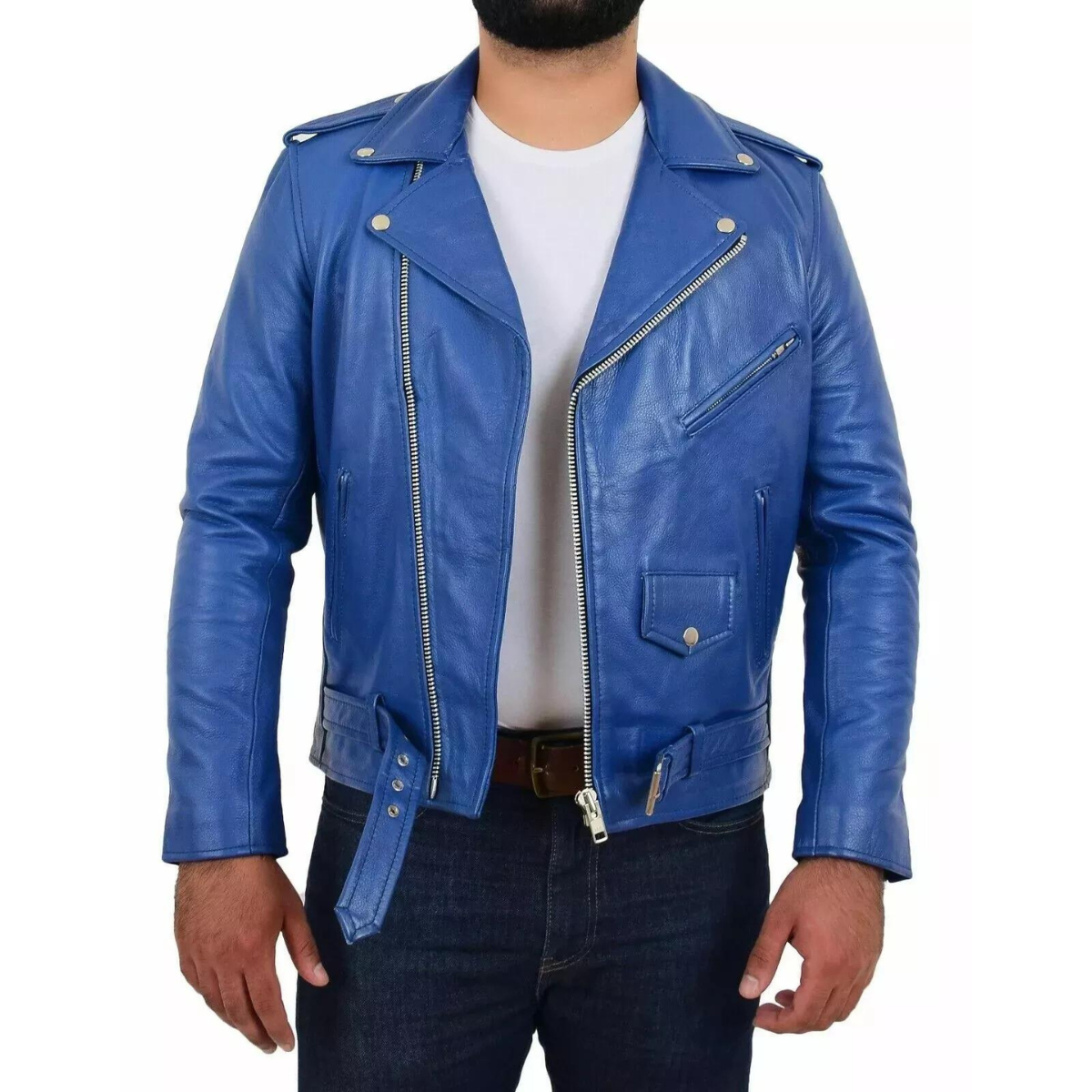 Men's Stylish real Cowhide Jacket Motorcycle Biker Slim Fit Blue Belted Coat