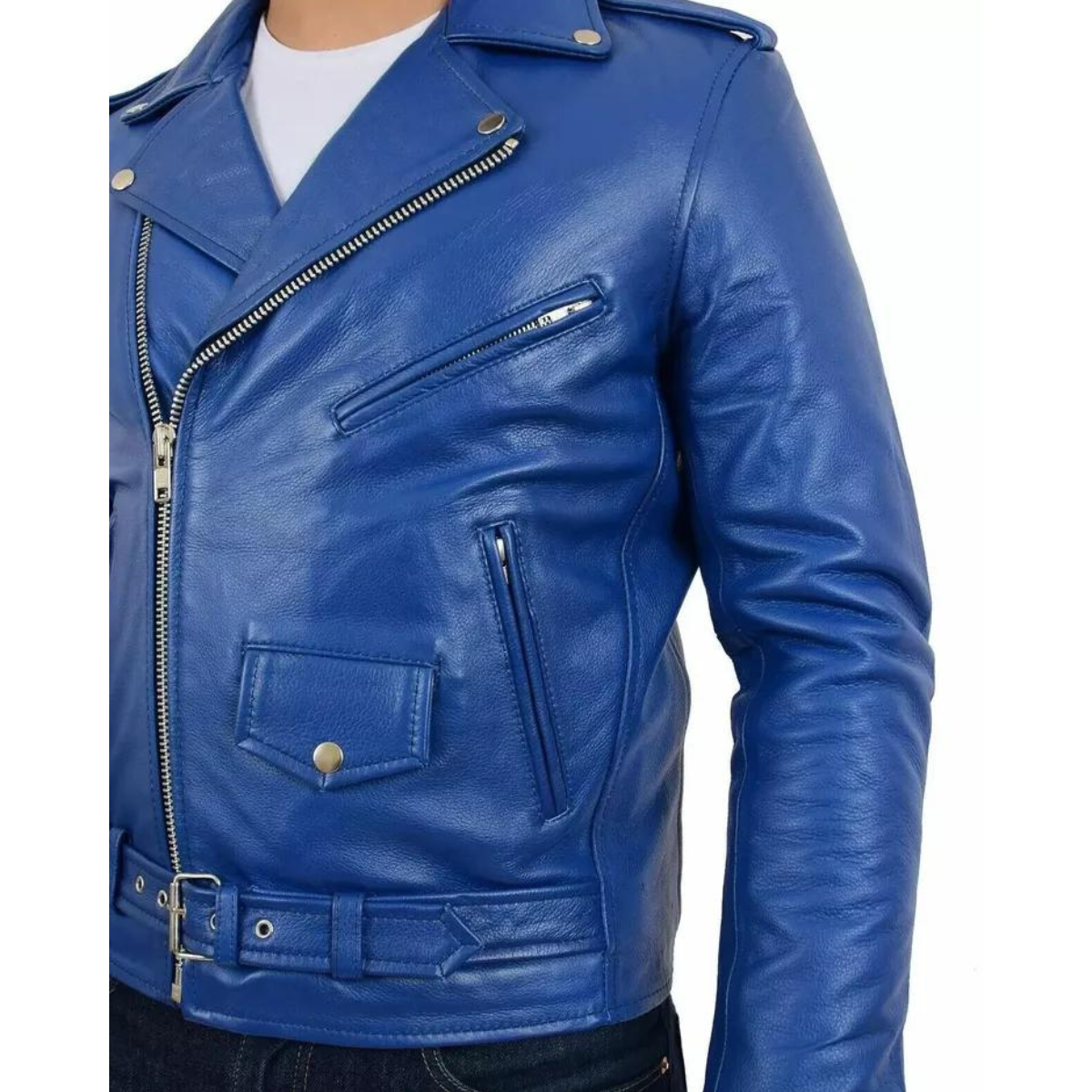 Men's Stylish real Cowhide Jacket Motorcycle Biker Slim Fit Blue Belted Coat - Image 3