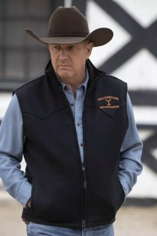 Men's TV Series John Dutton Yellowstone Cowboy Rip Wheeler Kevin Costner Black Cotton Vest Jacket - Image 2