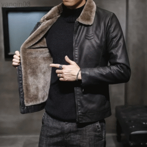 Men's Thickened Cowhide Jacket, Warm Windproof Faux Fur Collar Coat