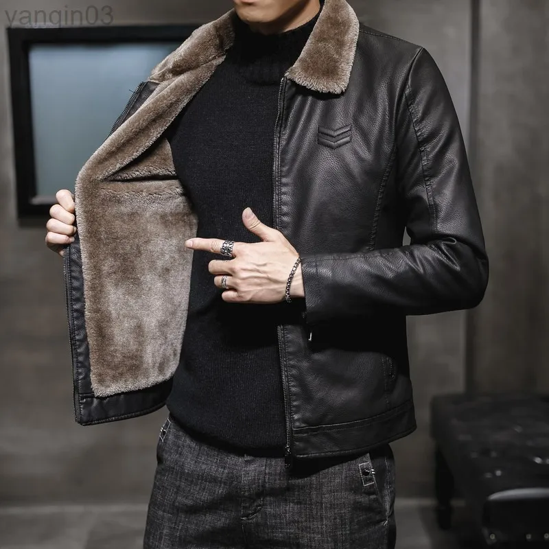 Men's Thickened Cowhide Jacket, Warm Windproof Faux Fur Collar Coat - Image 2