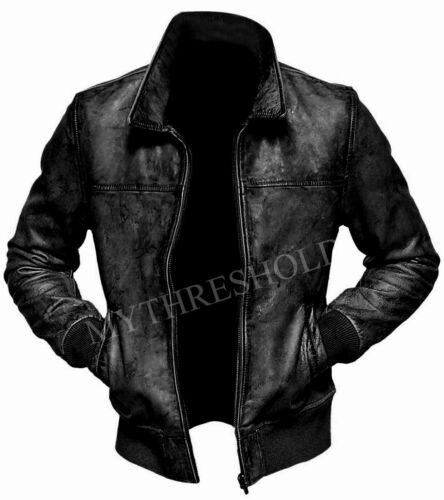 Men's Biker Motorcycle Vintage Distressed BLACK Bomber Winter Cowhide Jacket