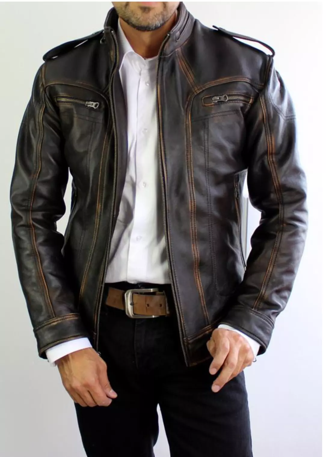 Mens Biker Motorcycle Slim Fit Vintage Distressed Cowhide Winter Cowhide Jacket