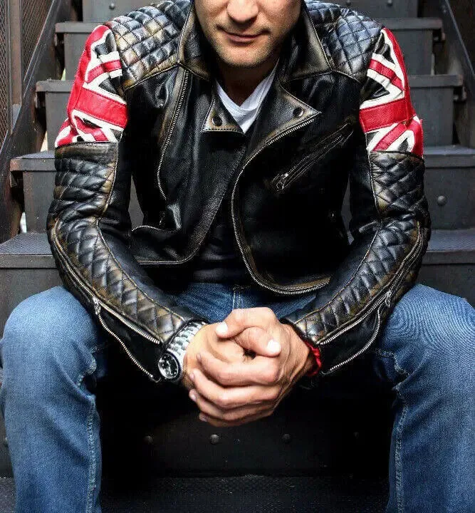 Mens Biker Vintage Motorcycle British Flag Cafe Racer Union UK Cowhide Jacket