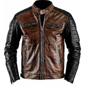 Mens Cafe Racer Biker Distressed Brown & Black Cowhide Jacket