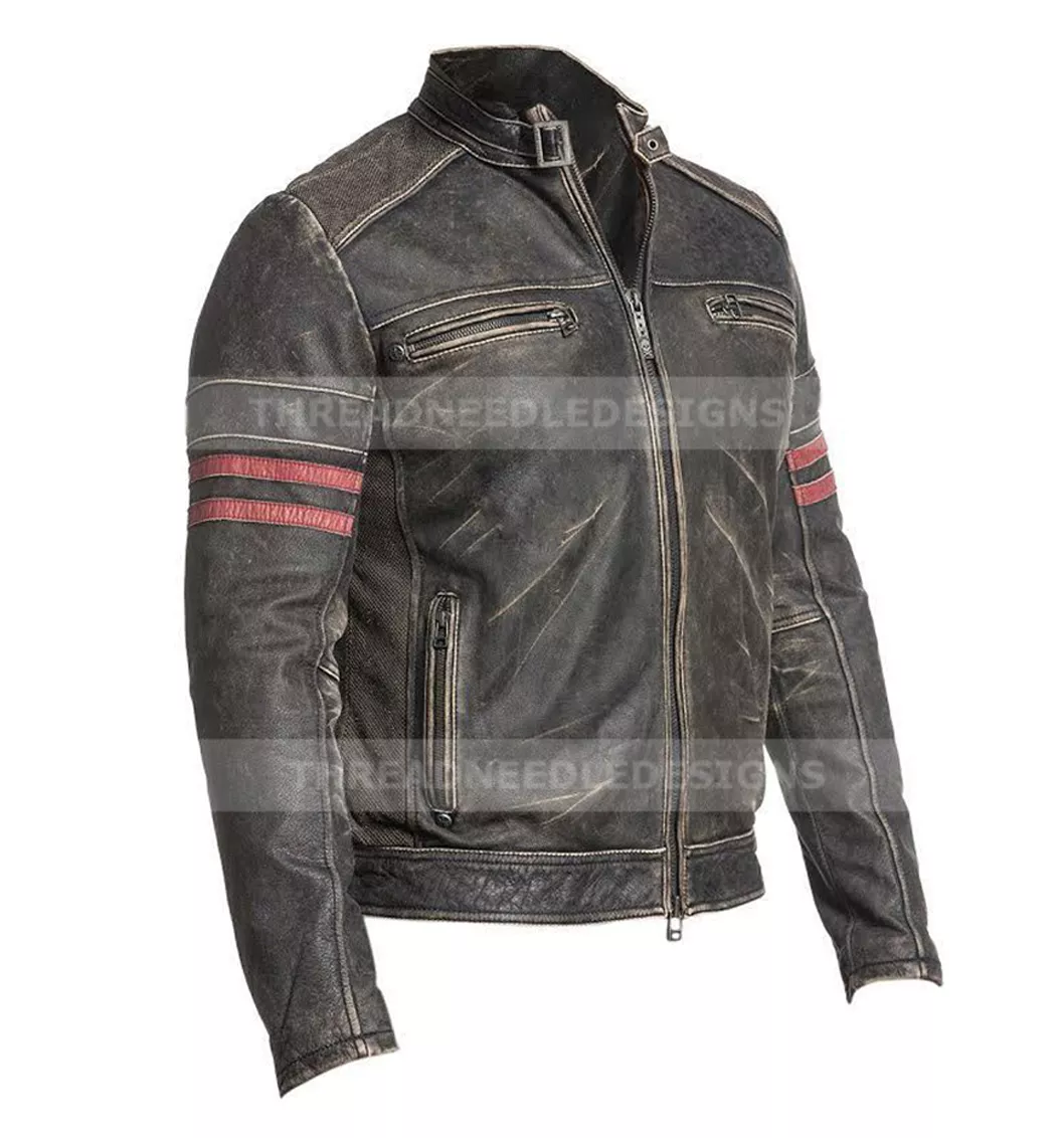 Mens Cafe Racer Distressed Black Vintage Motorcycle Biker Cowhide Jacket - Image 2