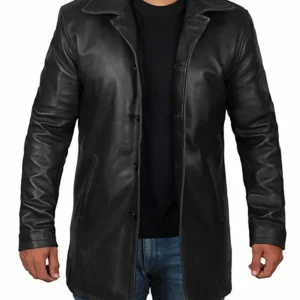 Mens Classic Black Genuine Sheepskin Cowhide Trench Coat