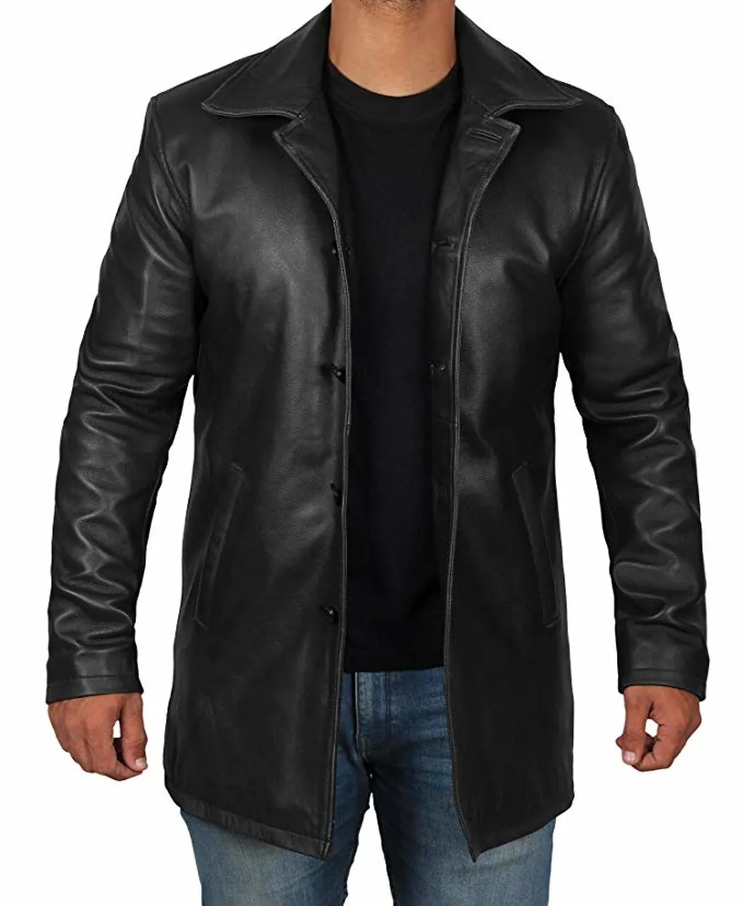 Mens Classic Black Genuine Sheepskin Cowhide Trench Coat