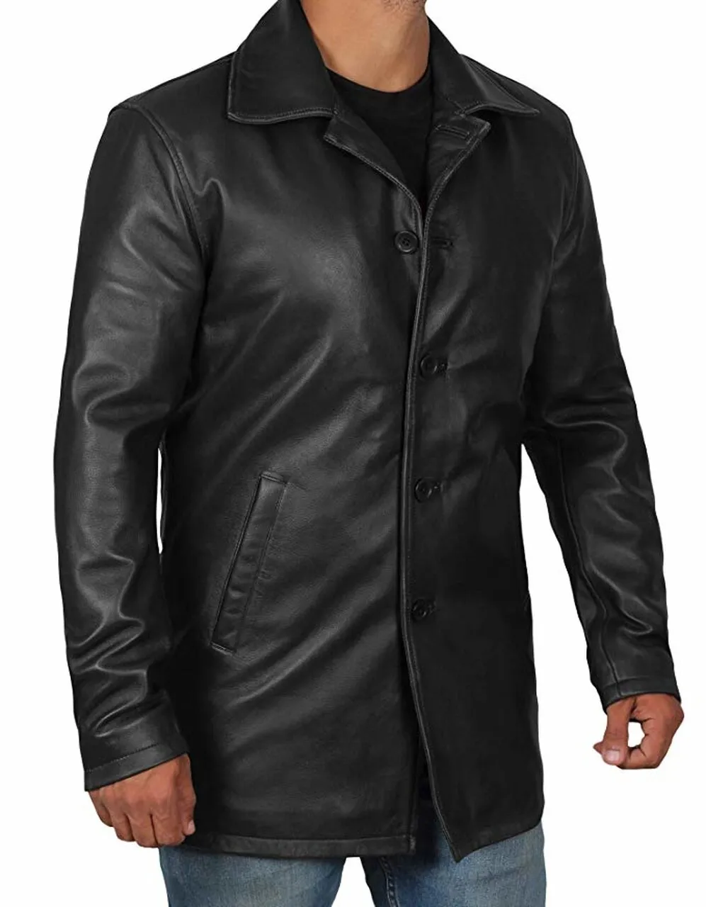 Mens Classic Black Genuine Sheepskin Cowhide Trench Coat - Image 3
