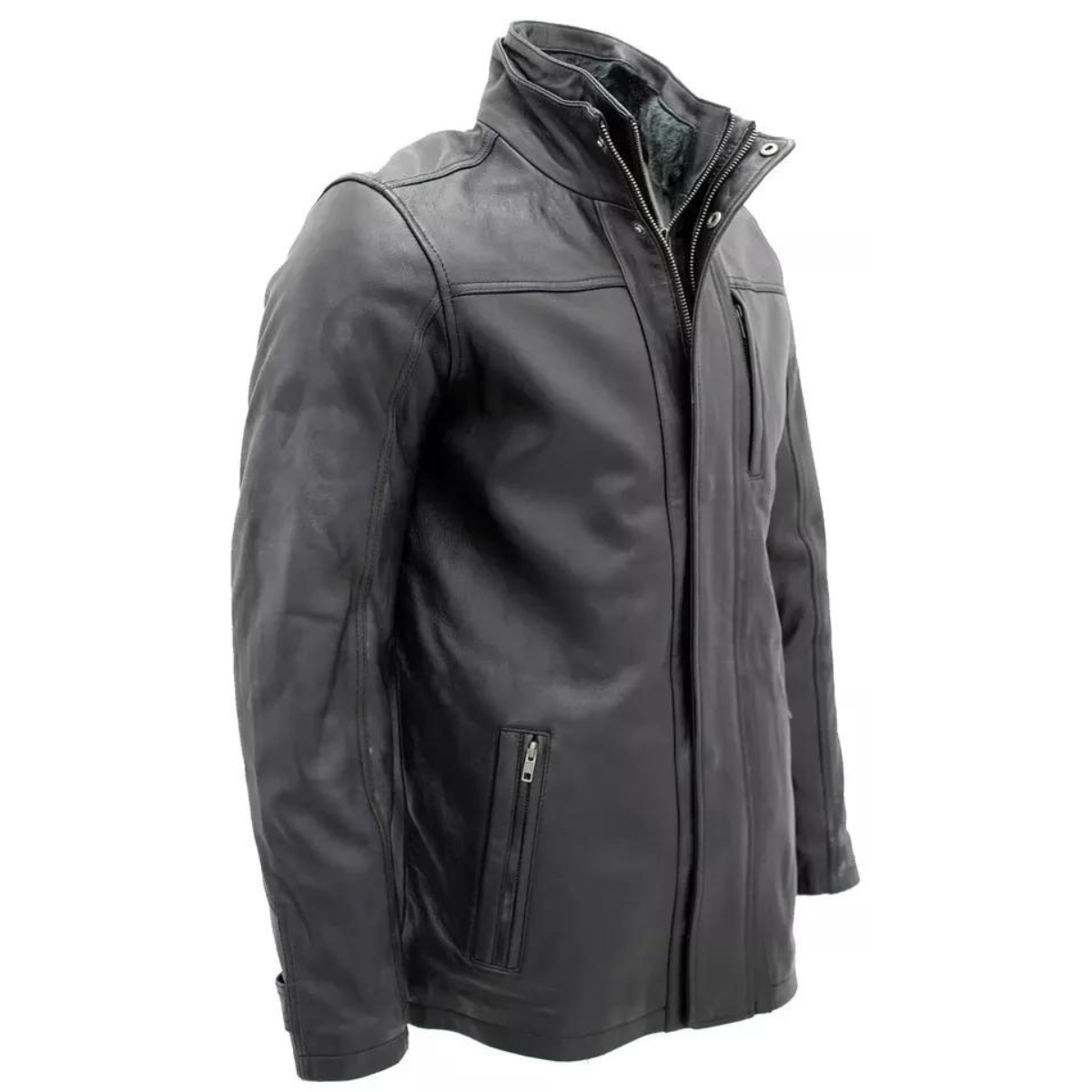 Men’s Classic Warm Black Cowhide Biker Jacket - Image 2