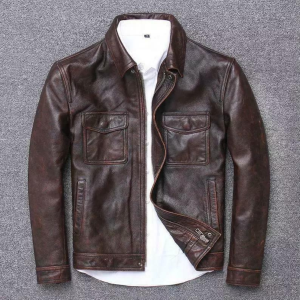 Men’s Distressed Brown/Black Real Cowhide Shirt Collar Moto Rider Slim Fit Lightweight Casual Biker Cowhide Jacket