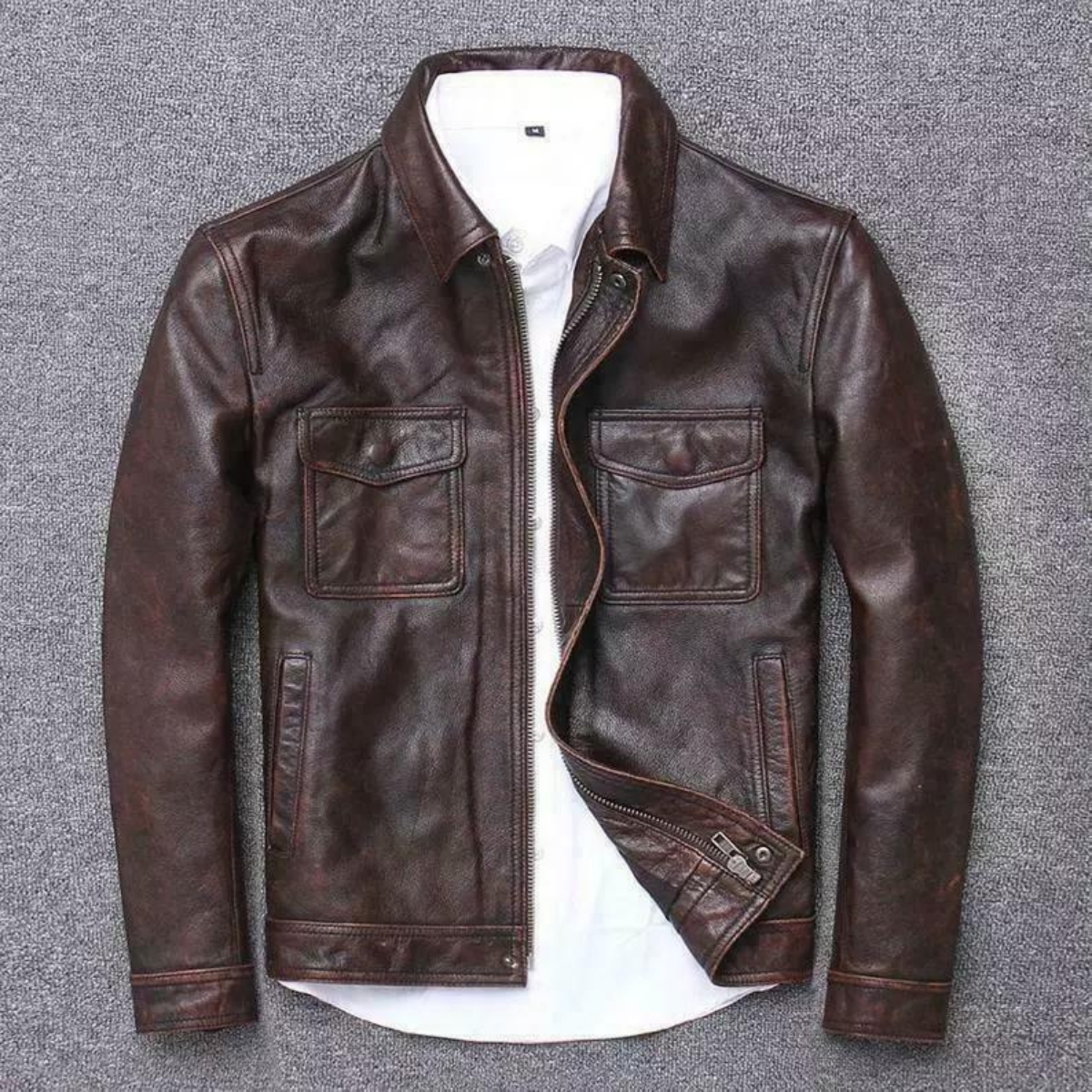 Men’s Distressed Brown/Black Real Cowhide Shirt Collar Moto Rider Slim Fit Lightweight Casual Biker Cowhide Jacket