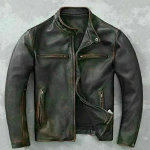 Climax Cowhide Men's Vintage Retro Biker Quilted Style Zip Up Motorcycle Distressed Cafe Racer Cowhide Jacket For Men