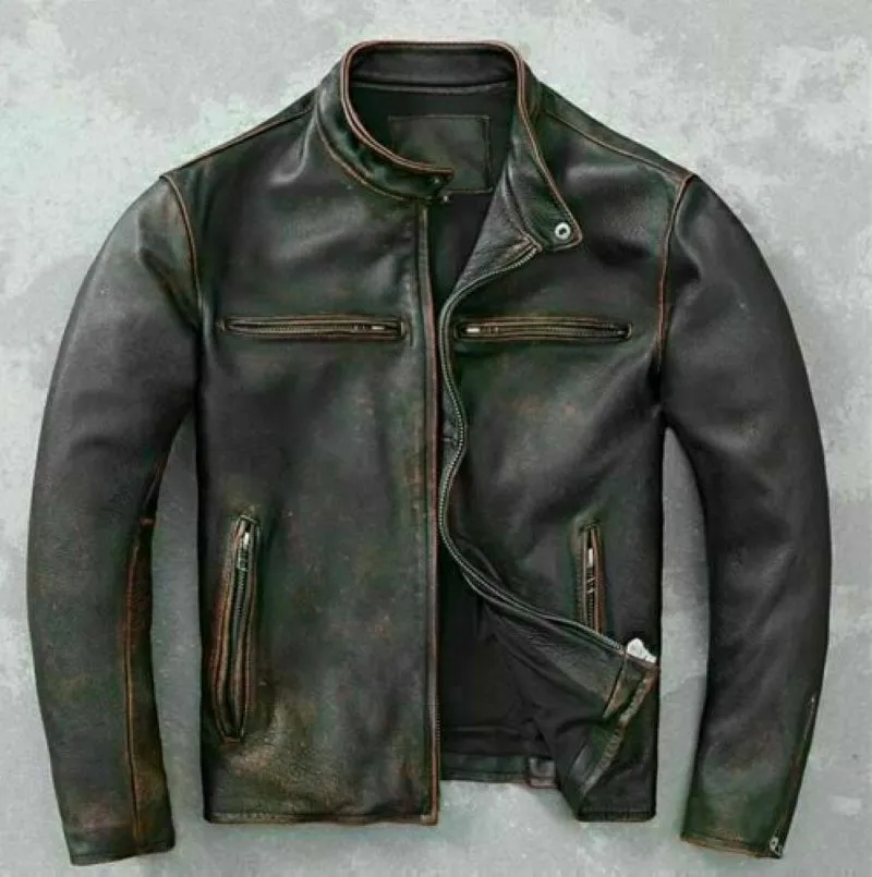 Climax Cowhide Men's Vintage Retro Biker Quilted Style Zip Up Motorcycle Distressed Cafe Racer Cowhide Jacket For Men