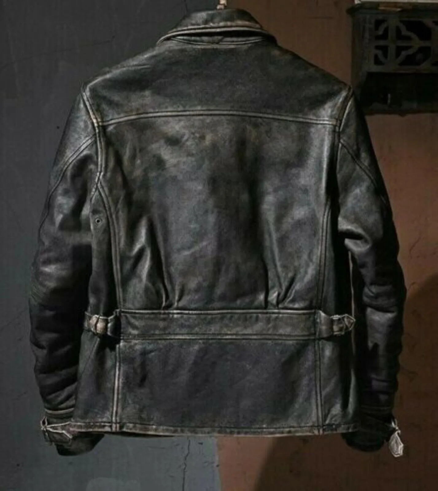 Men’s Motorcycle Biker Vintage Cafe Racer Distressed Black Real Cowhide Jacket - Image 3