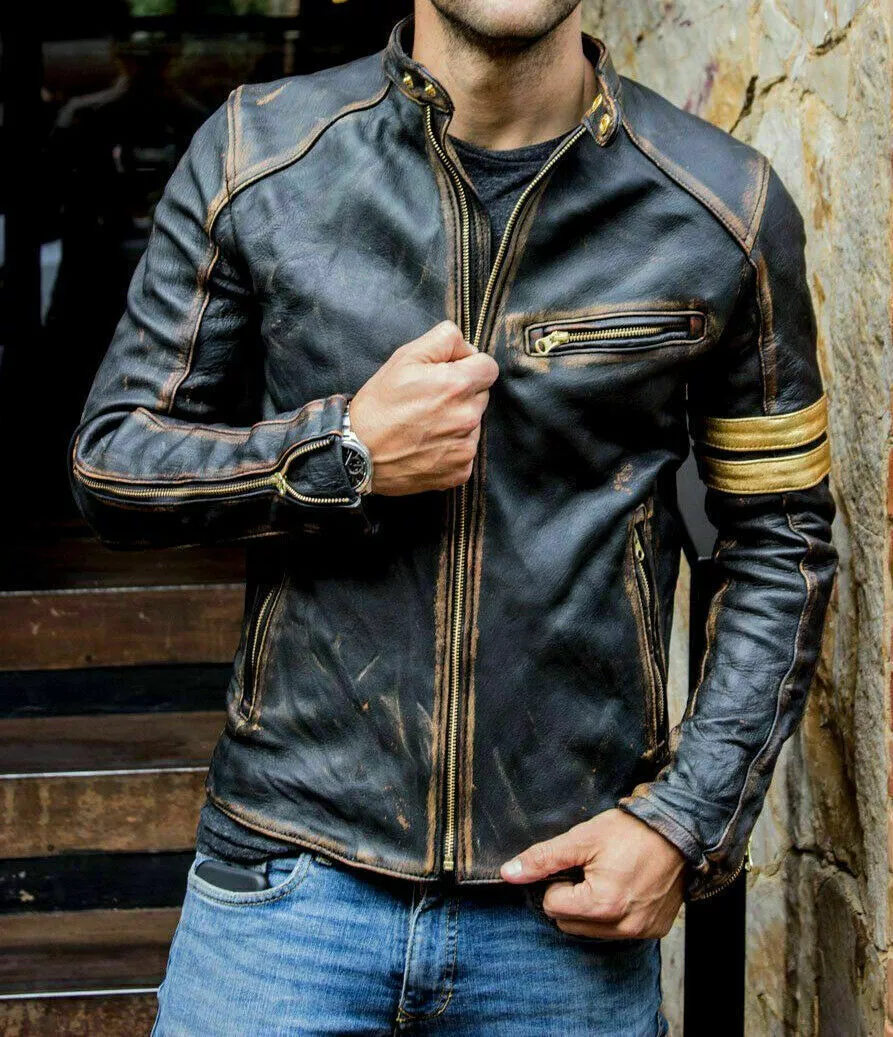 Men’s Motorcycle Biker Vintage Cafe Racer Distressed Black Real Cowhide Jacket