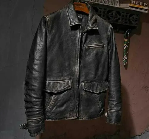 Men’s Motorcycle Biker Vintage Cafe Racer Distressed Black Real Cowhide Jacket - Image 2