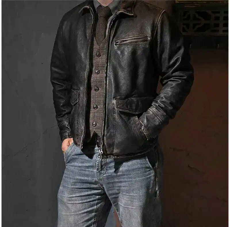 Men’s Motorcycle Biker Vintage Cafe Racer Distressed Black Real Cowhide Jacket