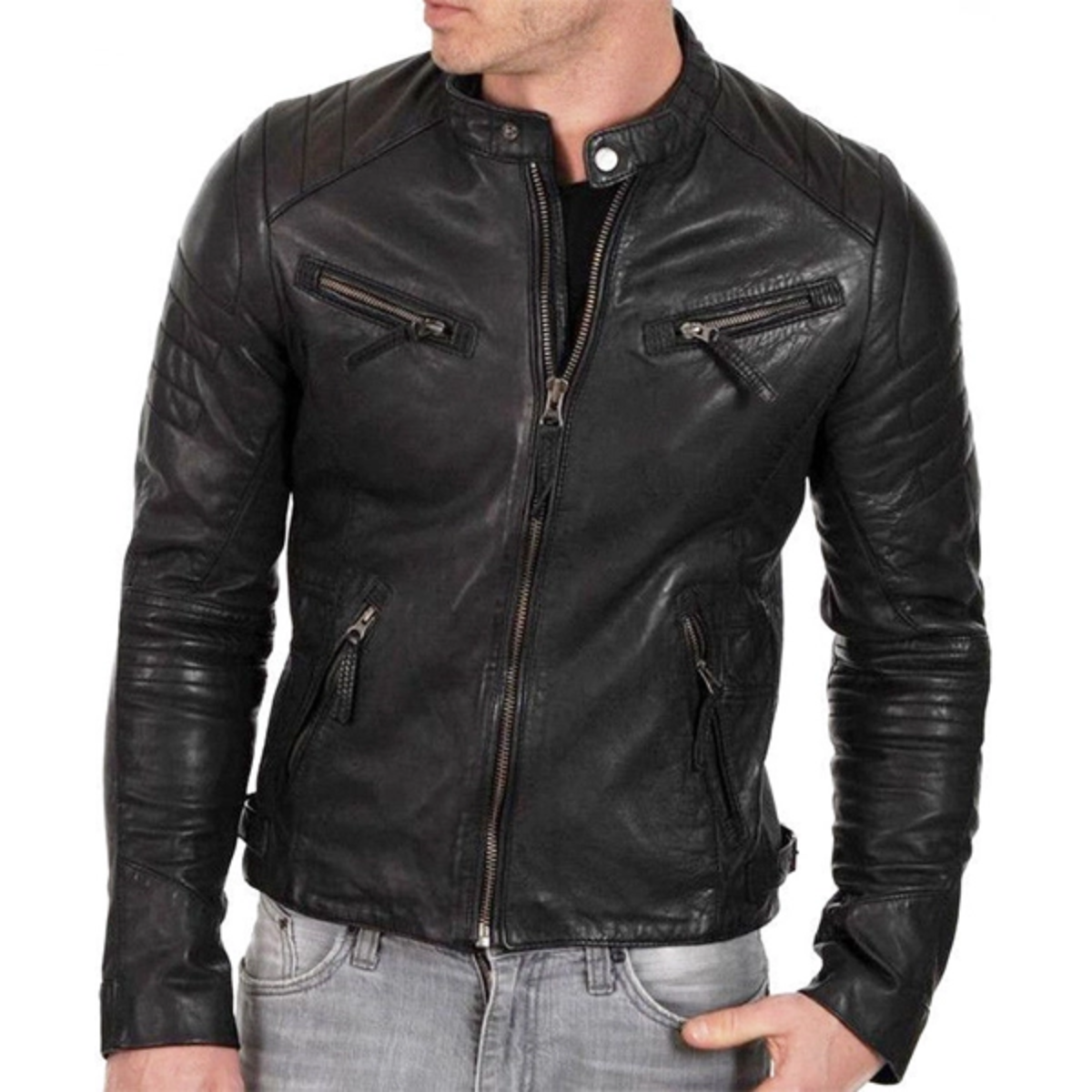 Mens Motorcycle Slim Fit Biker Cowhide Jacket - Image 3