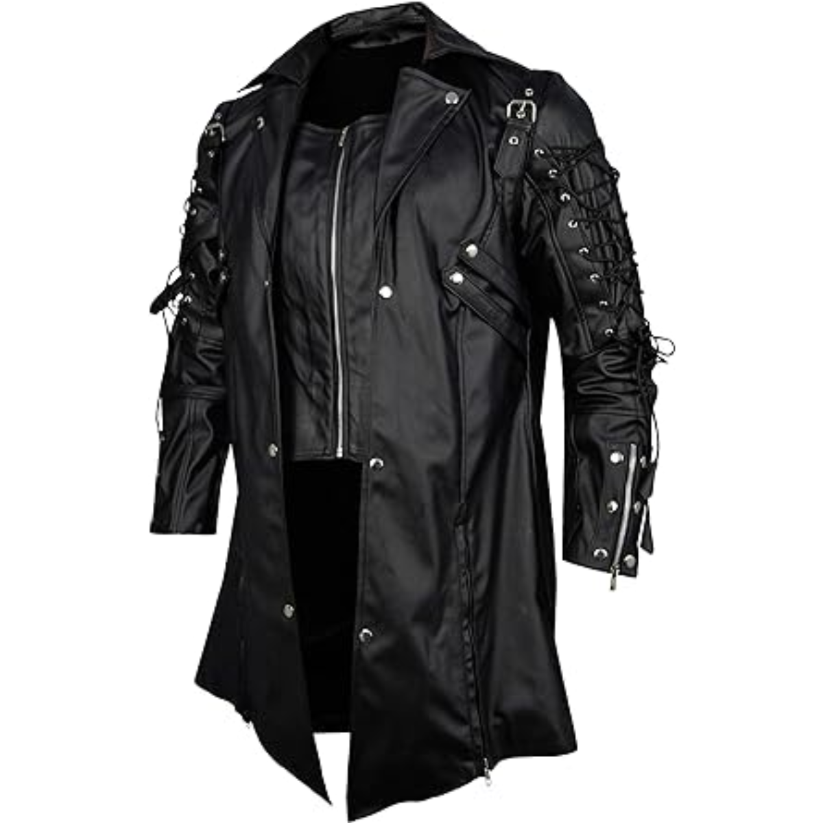 Men’s Real Black Cowhide Coat Goth Matrix Trench Coat Gothic Steampunk Coats - Image 2