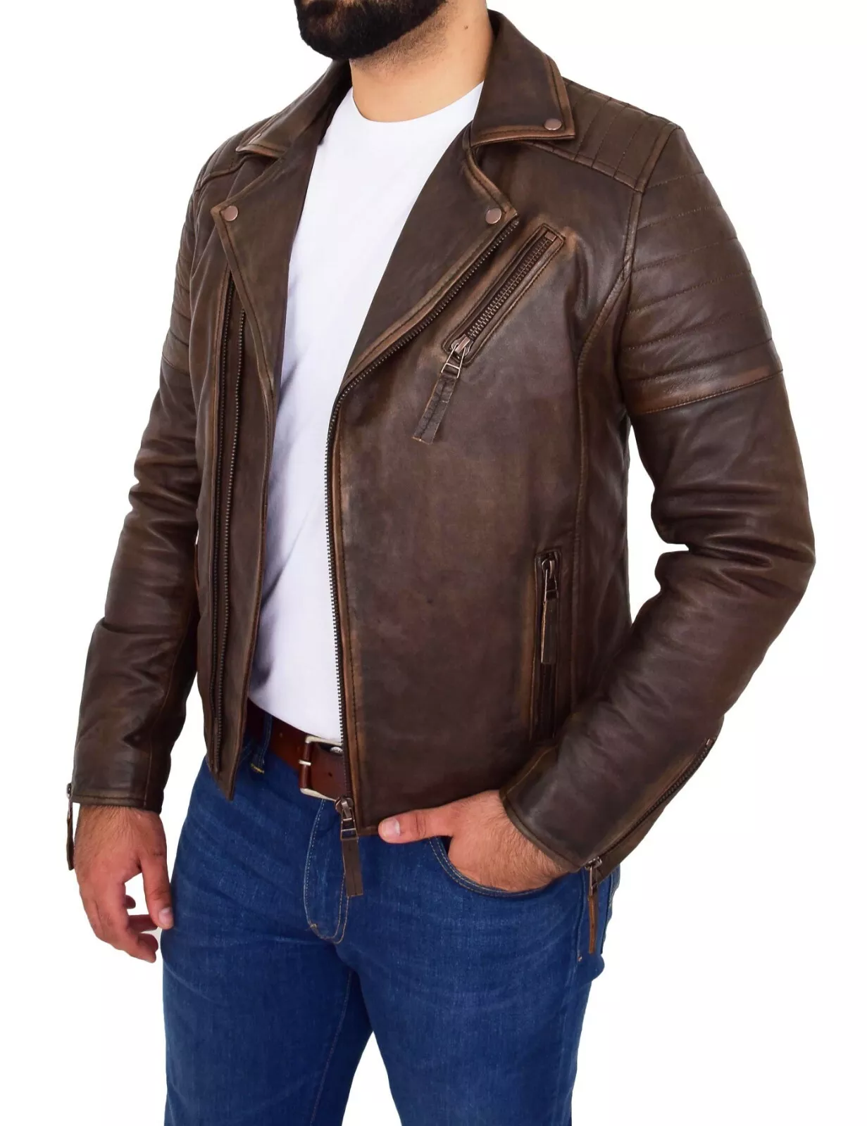 Mens Real Cowhide Biker Jacket Vintage Copper Rust Rub Off Slim Fit Style Max - Image 2