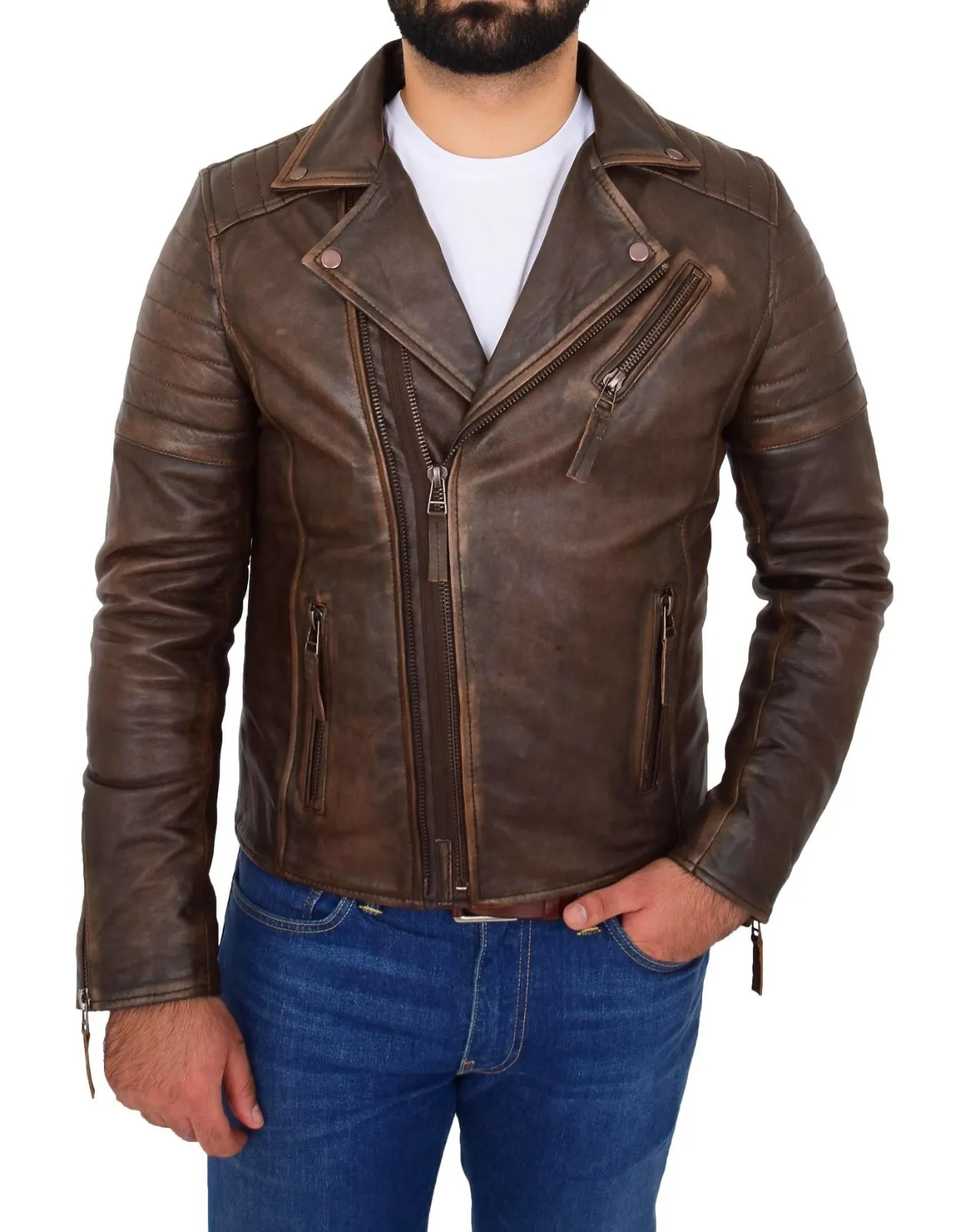 Mens Real Cowhide Biker Jacket Vintage Copper Rust Rub Off Slim Fit Style Max