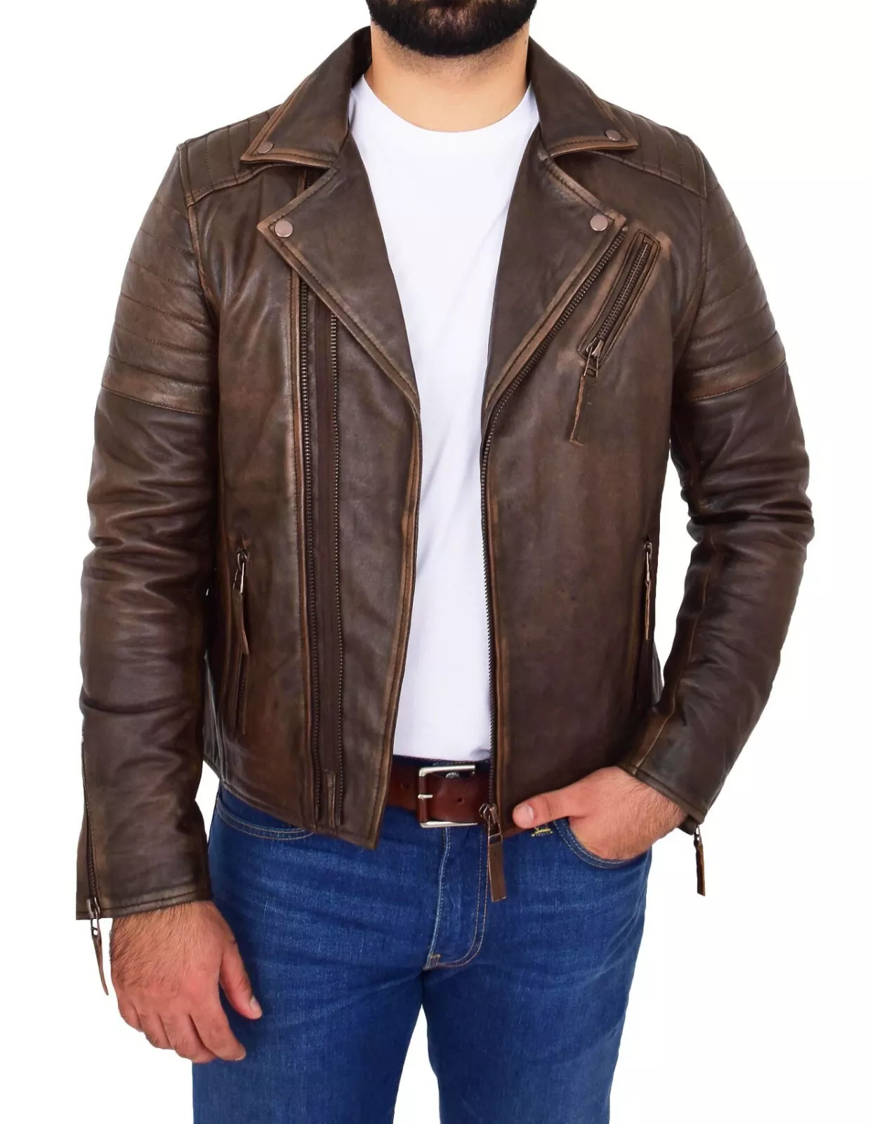 Mens Real Cowhide Biker Jacket Vintage Copper Rust Rub Off Slim Fit Style Max - Image 4