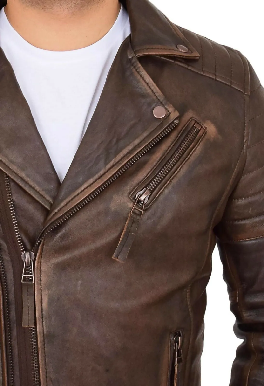 Mens Real Cowhide Biker Jacket Vintage Copper Rust Rub Off Slim Fit Style Max - Image 5