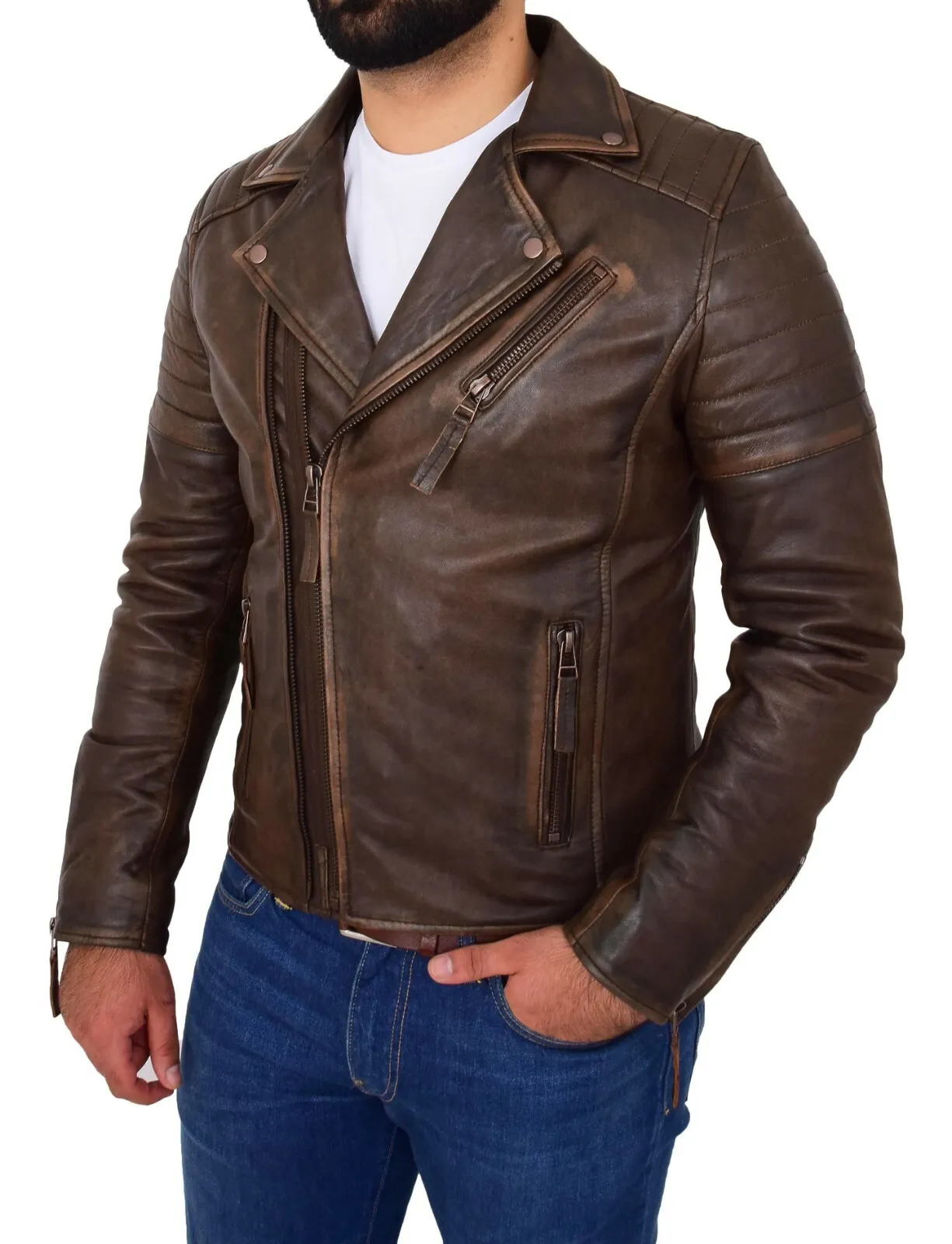 Mens Real Cowhide Biker Jacket Vintage Copper Rust Rub Off Slim Fit Style Max - Image 3