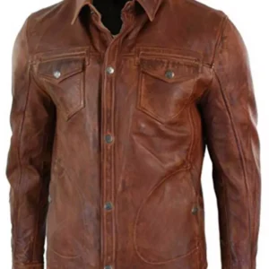 Mens Real Cowhide real Shirt Cuir Gay Lederhemd Leder Brown vintage Shirt Botton up Trucker Jacket