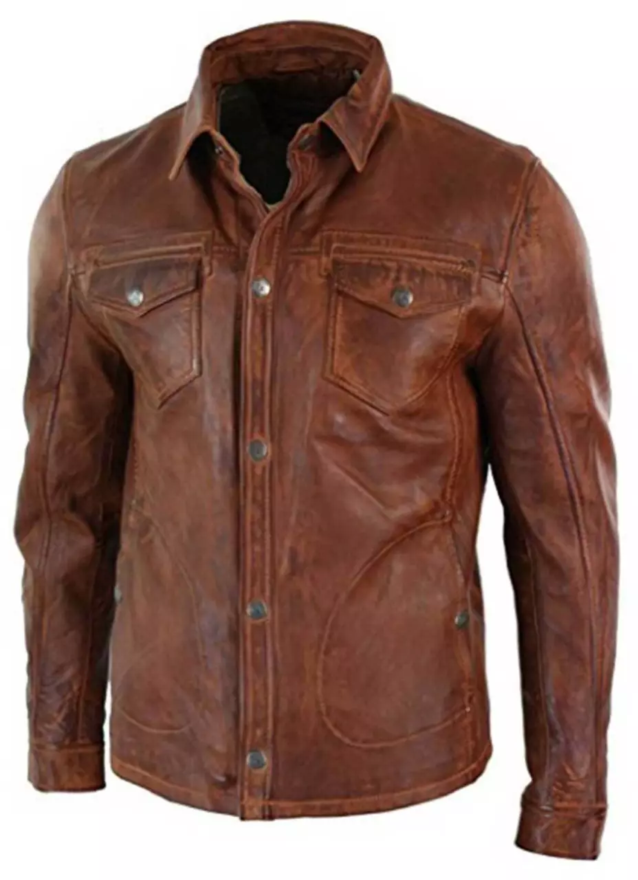 Mens Real Cowhide real Shirt Cuir Gay Lederhemd Leder Brown vintage Shirt Botton up Trucker Jacket