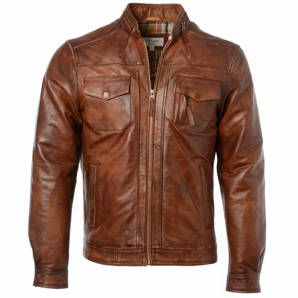 Mens Retro Style Biker Jacket Real real Cowhide Washed Soft Tan Brown Casual