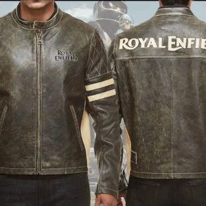 Men’s Royal Enfield Striped Motorcycle Cafe Racer Genuine Cowhide Biker Jacket