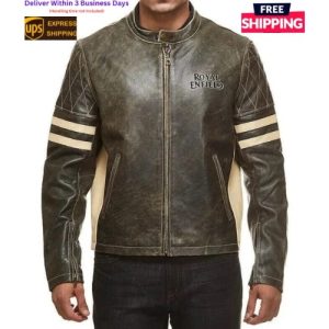 Men’s Royal Enfield Striped Motorcycle Cafe Racer Genuine Cowhide Biker Jacket