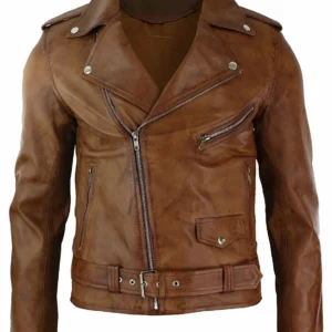 Mens Slim Fit Cross Zip Tan Brown Brando Casual Soft Real Cowhide Jacket