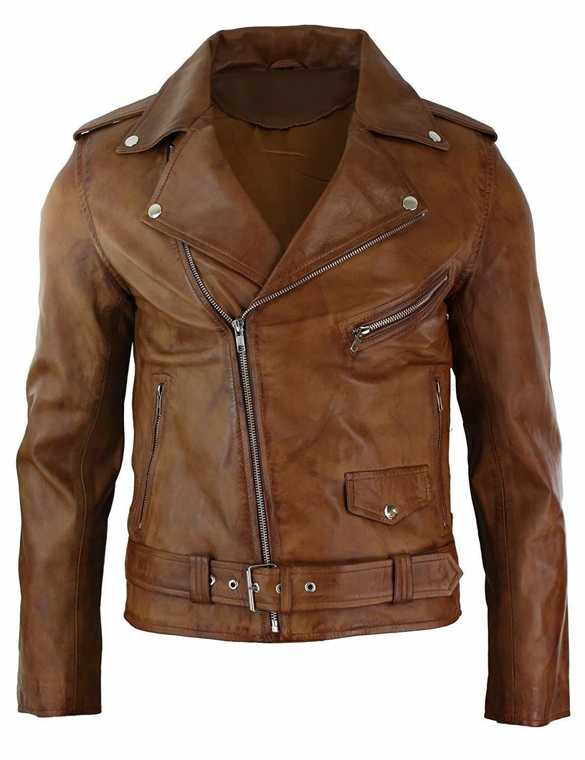 Mens Slim Fit Cross Zip Tan Brown Brando Casual Soft Real Cowhide Jacket
