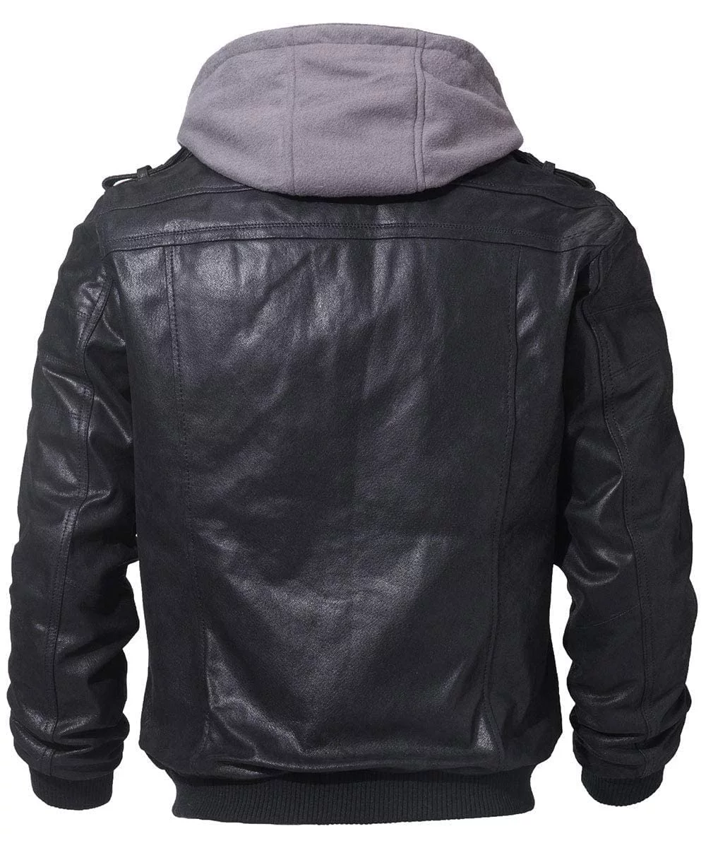Mens Slim Fit Hooded Biker Cowhide Jacket - Image 2