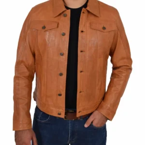 Mens Soft Cowhide Trucker Jacket Tan American Western Denim Levi Style Coat NEW