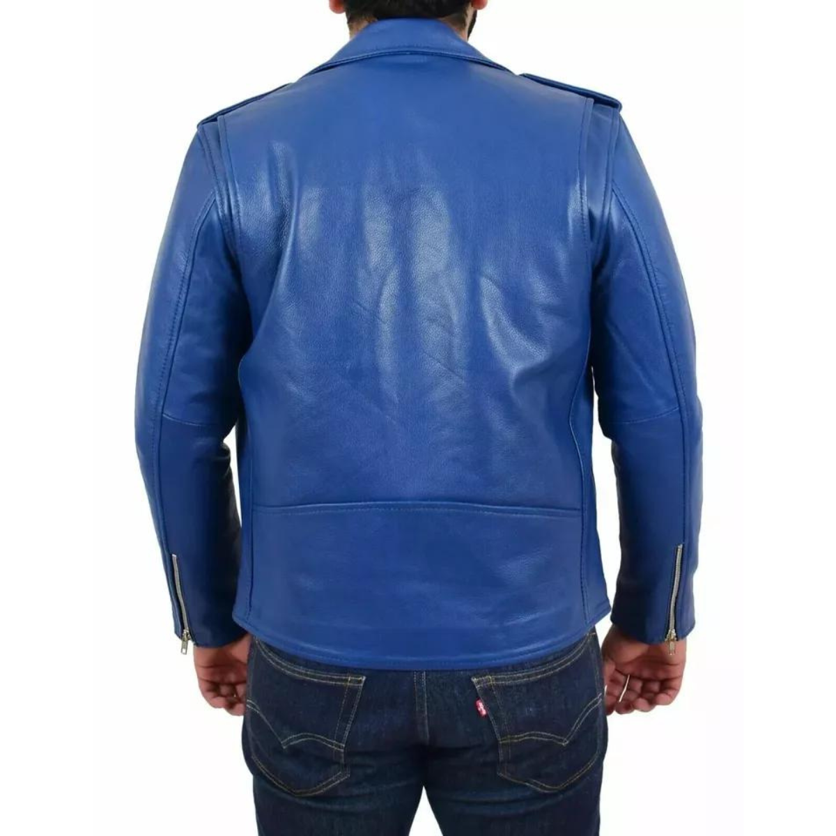 Men's Stylish real Cowhide Jacket Motorcycle Biker Slim Fit Blue Belted Coat - Image 5