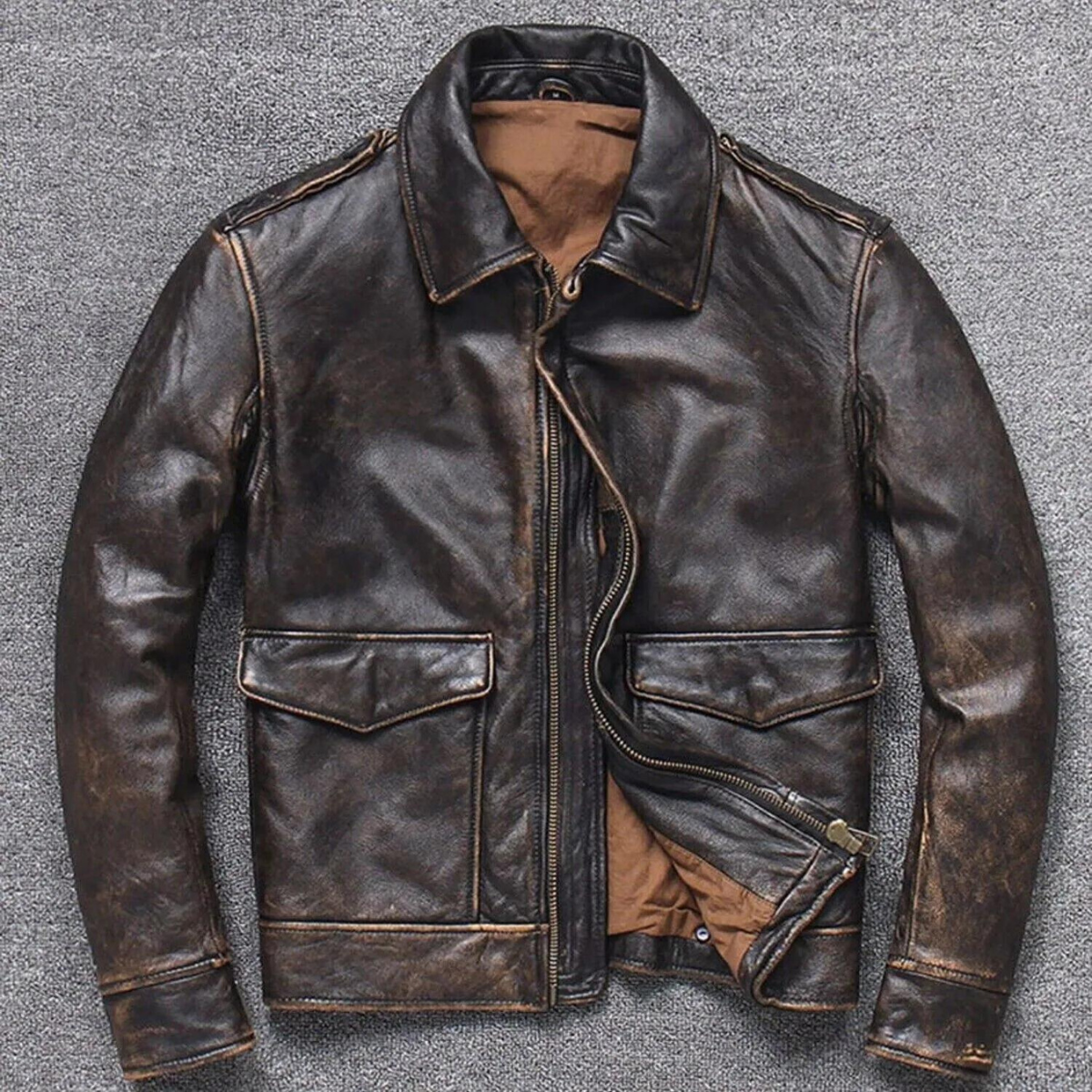 Vintage A2 Bomber AIR Force Style Distressed Brown Real Cowhide Jacket for Mens